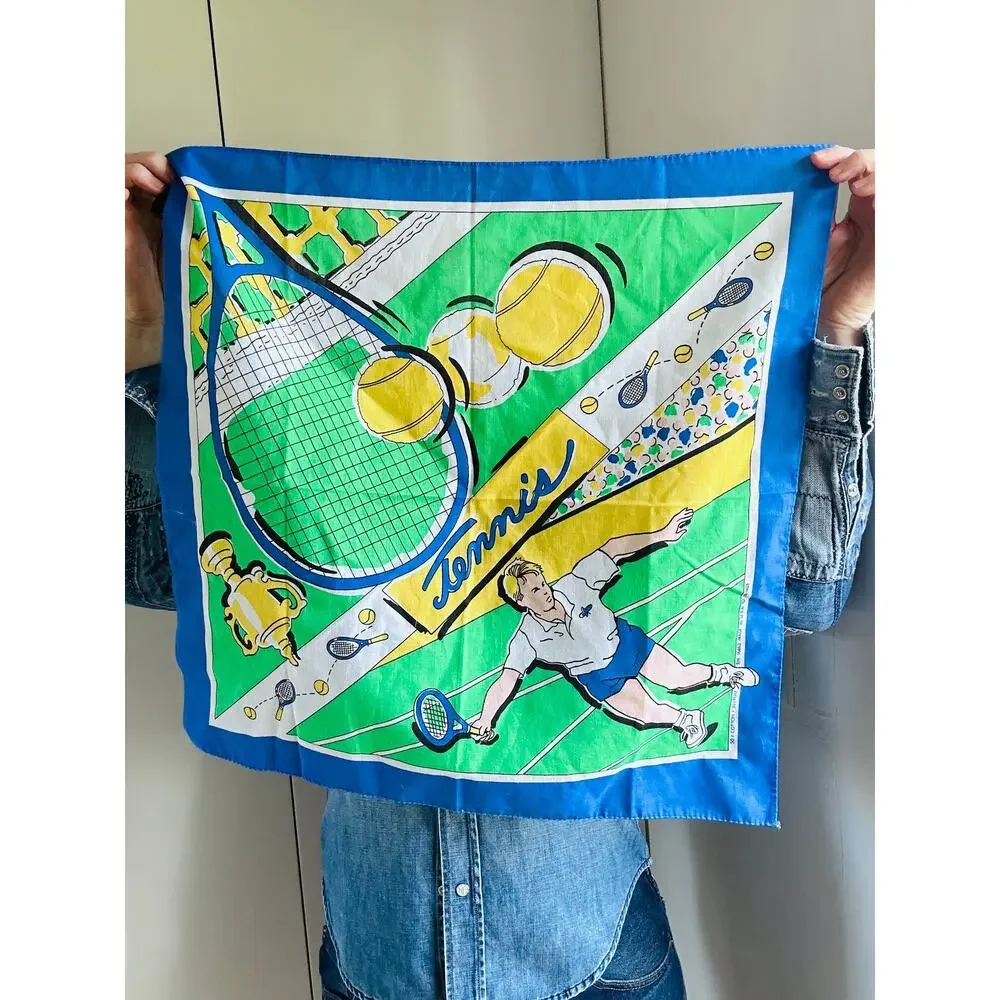 Vintage Novelty Neck Scarf Motif Tennis Summer Spring Happy Colors USA Made